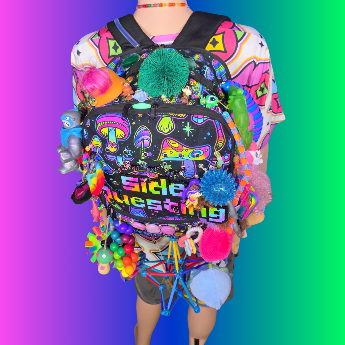 Side Questin’ Shroom Goblin Utility Backpack | One-of-a-Kind Sensory Rave Hydration Backpack | Custom EDM Festival Gear
