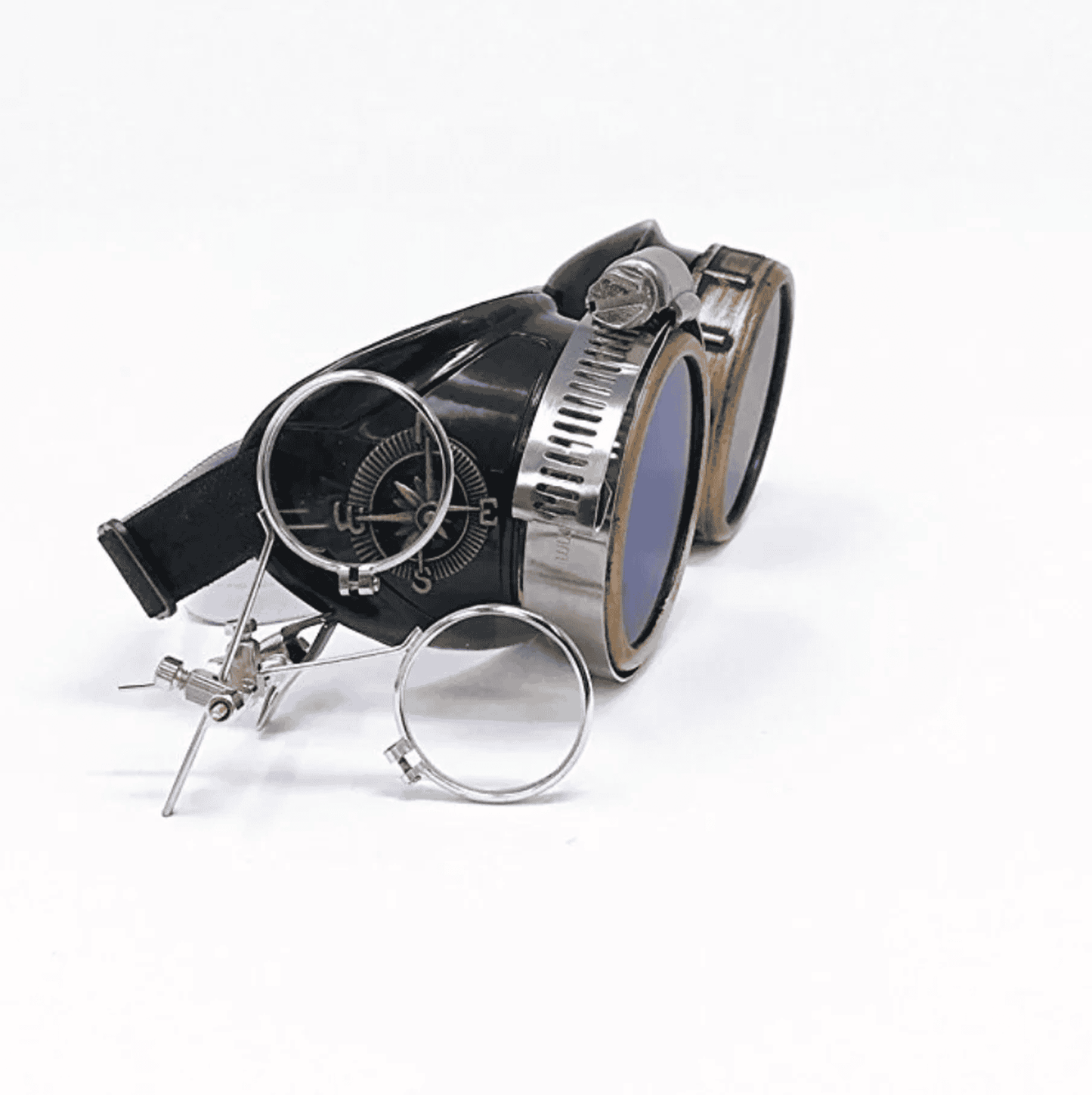 Victorian Steampunk Goggles with magnifying eye loupes blue lenses