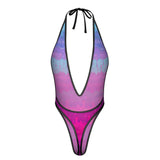 Sexy Swimsuit Women's Extreme One-Piece Mesh Revealing Swimwear Deep V Cleavage Thong Bottom Booty Quick Dry Tie-On Bathing Suit