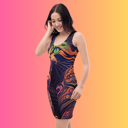 Neon Trippy Cat Bodycon Dress for EDM Festivals and Raves