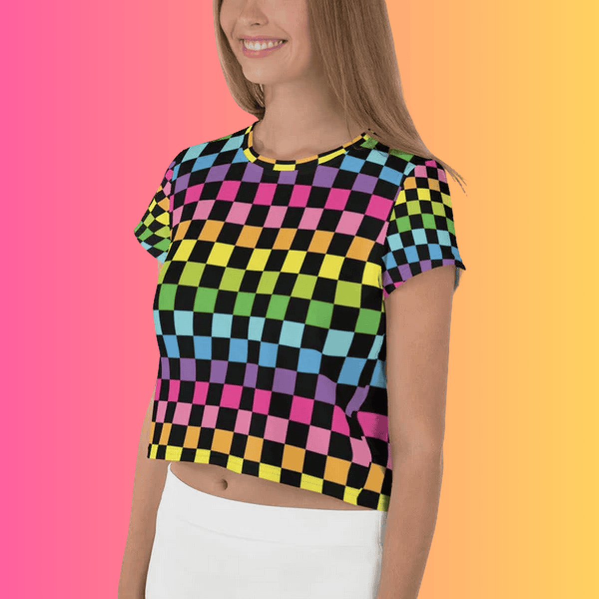 Vibrant Neon Checkered Crop Tee - Must-Have for Festival Vibes