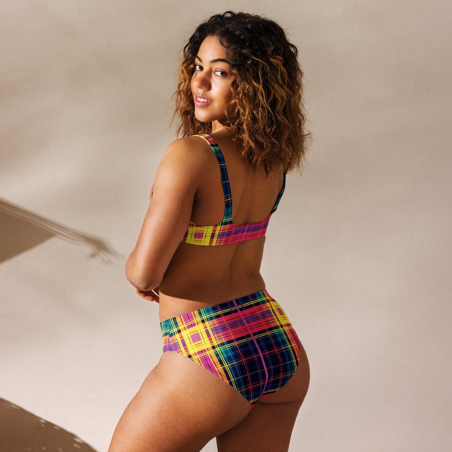 Neon Plaid High-Waisted Bikini for Festivals - EDMFestieGear.com