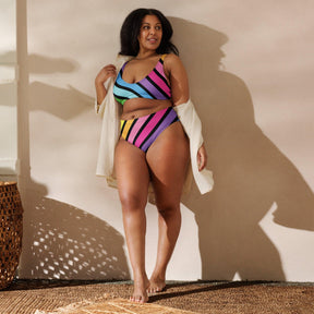 Neon Rainbow Stripes High-Waisted Bikini - EDMFestieGear.com
