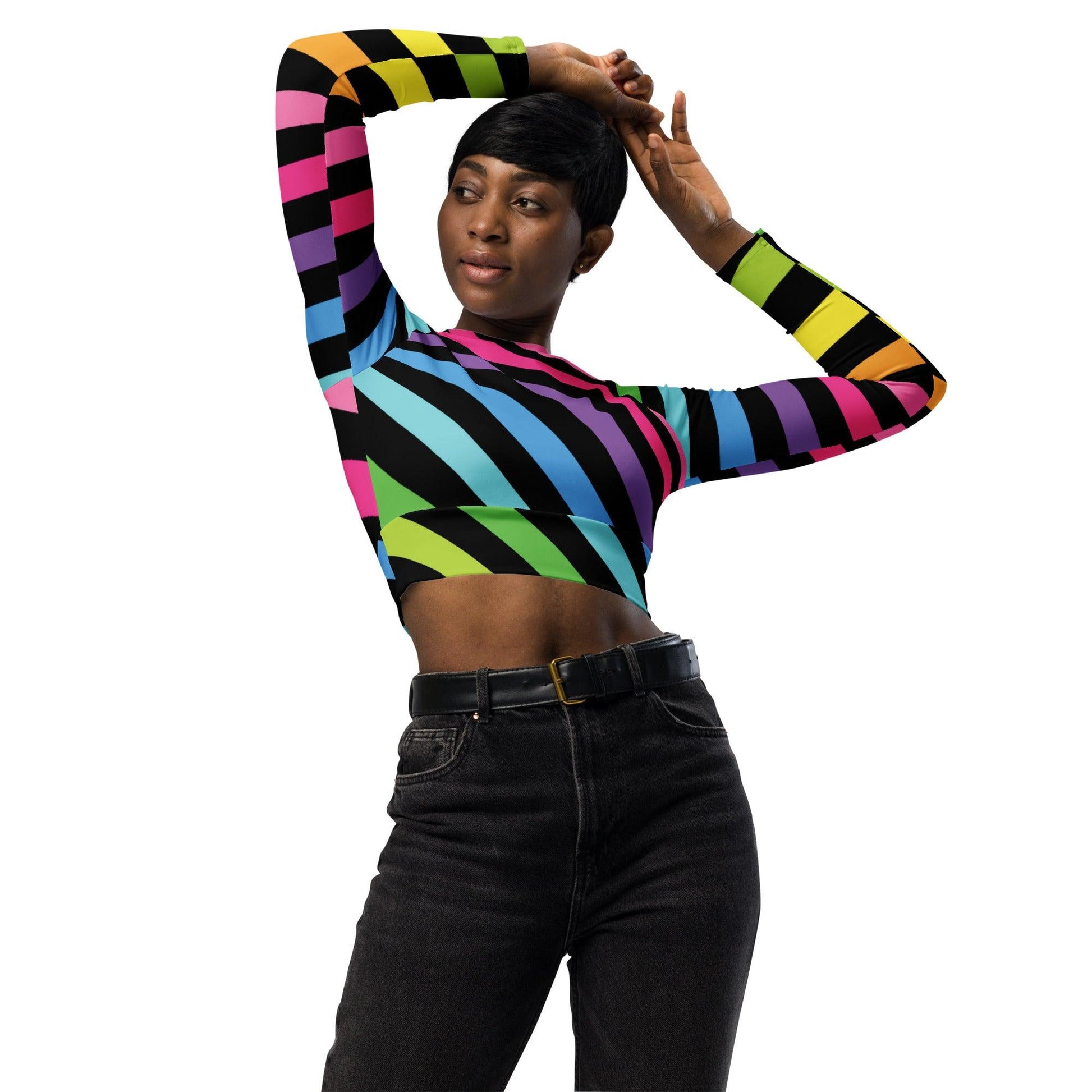 Neon Rainbow Stripe Long-Sleeve Crop Top - EDMFestieGear.com