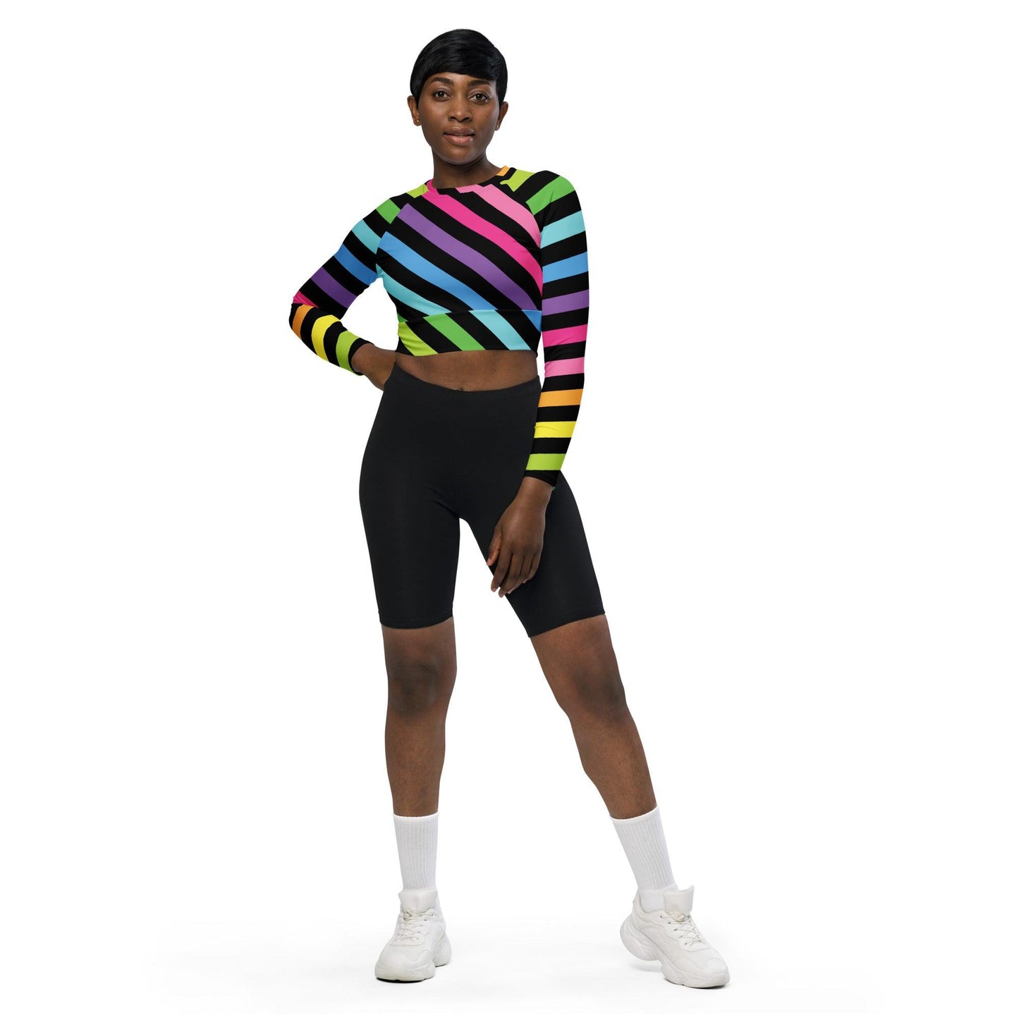 Neon Rainbow Stripe Long-Sleeve Crop Top - EDMFestieGear.com