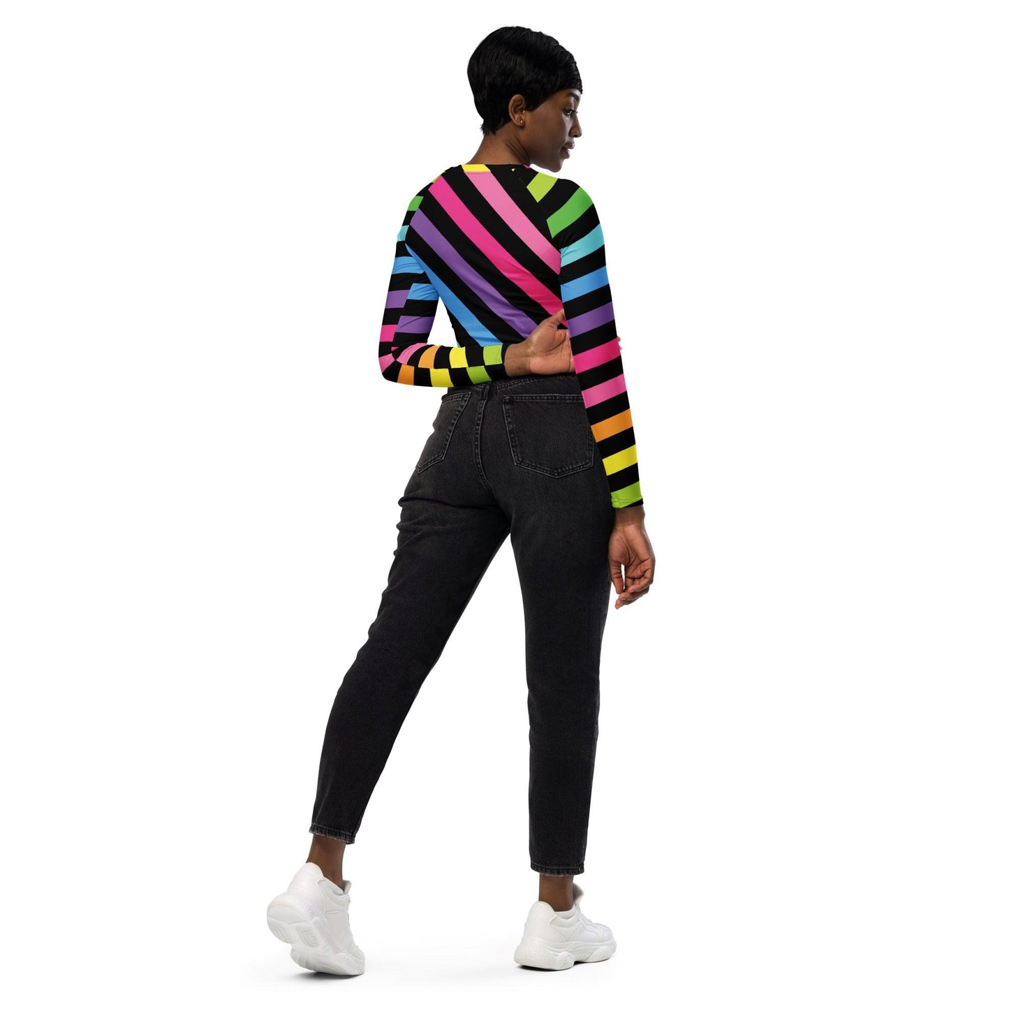 Neon Rainbow Stripe Long-Sleeve Crop Top - EDMFestieGear.com