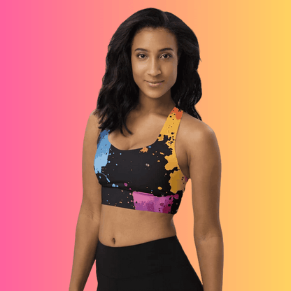 Vibrant Paint Splatter Longline Sports Bra for Rave Enthusiasts