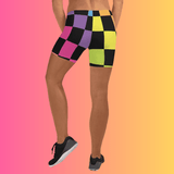 Vibrant Rainbow Check Festival Shorts for Ultimate EDM Vibes