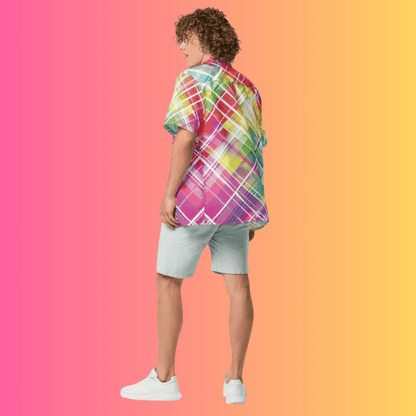 Rainbow Plaid Festival Button-Up Shirt for Ravers