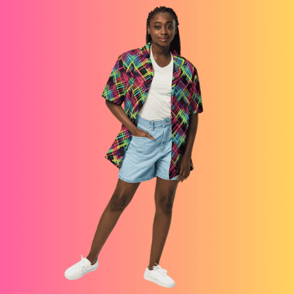 Vibrant Plaid Button-Up Shirt for Festivals and Raves