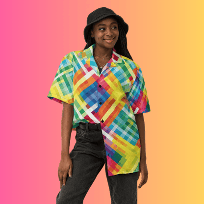 Vibrant Neon Plaid Button-Up Shirt for Raves and Music Festivals