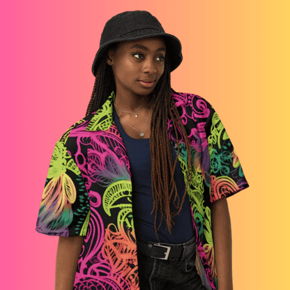 Vibrant Neon Lace Button-Up Shirt for Rave and Festival Vibes