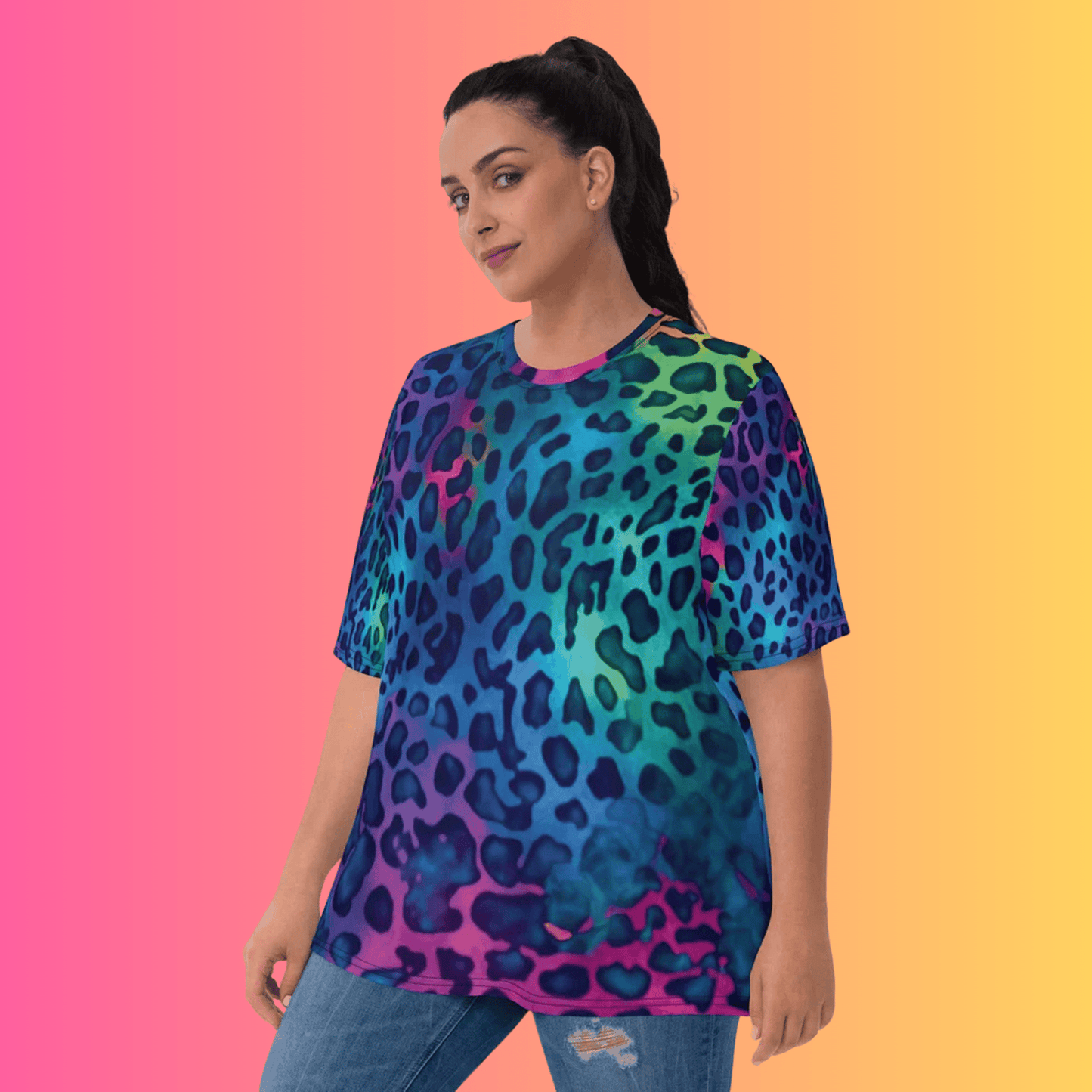 Women's Neon Leopard Print Rave T-Shirt for EDM Festivals