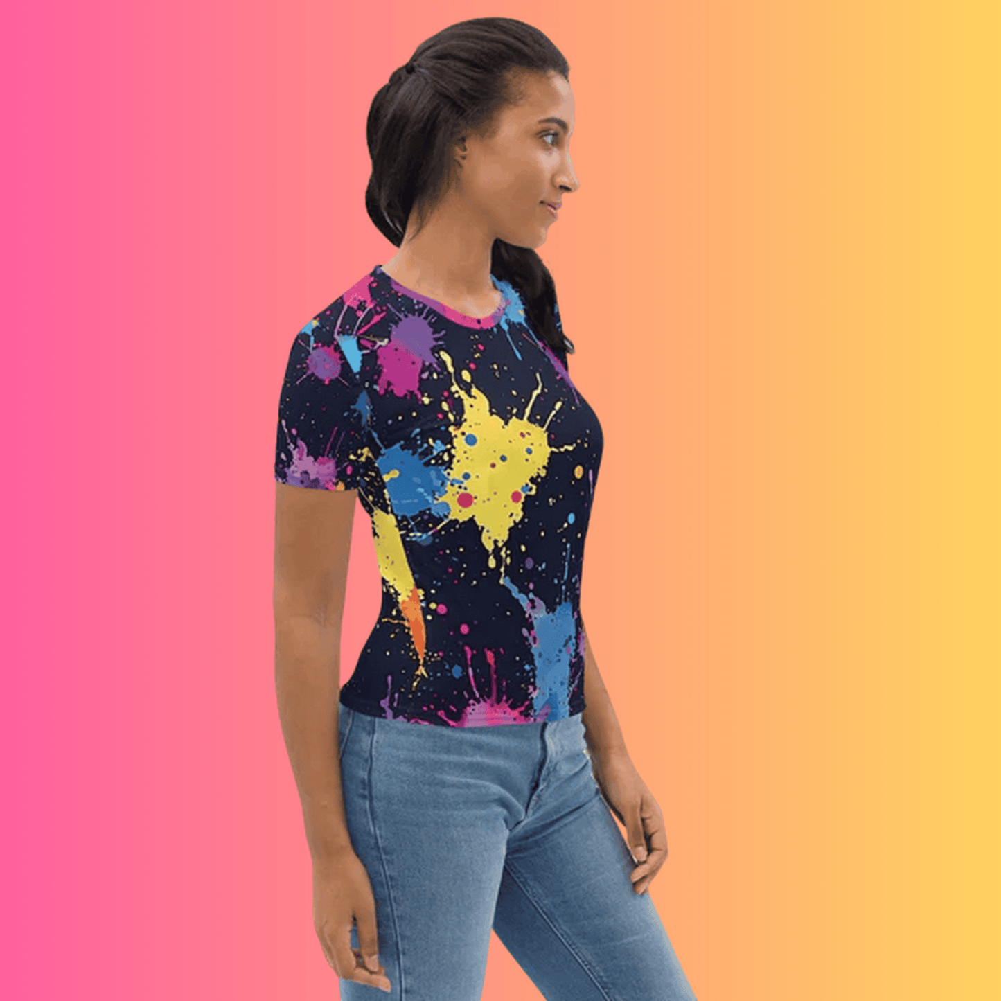 Vibrant Abstract Paint Splatter Women’s Festival T-Shirt for EDM Lovers