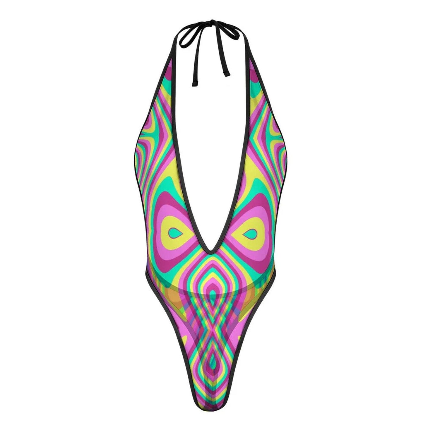 Sexy Swimsuit Women's Extreme One-Piece Mesh Revealing Swimwear Deep V Cleavage Thong Bottom Booty Quick Dry Tie-On Bathing Suit
