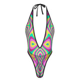 Sexy Swimsuit Women's Extreme One-Piece Mesh Revealing Swimwear Deep V Cleavage Thong Bottom Booty Quick Dry Tie-On Bathing Suit
